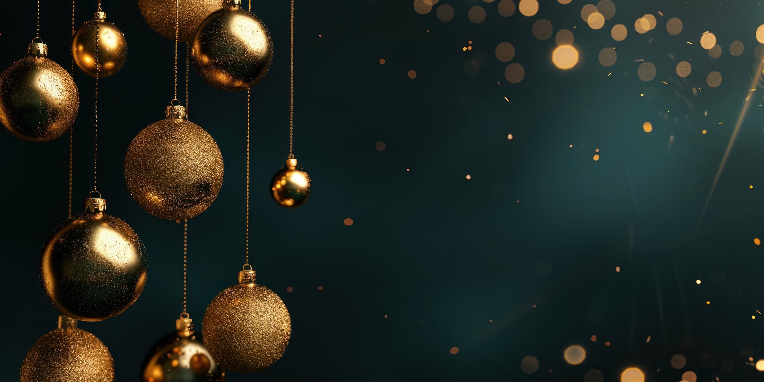 Gold Christmas ornaments against a dark blue background with bokeh lights